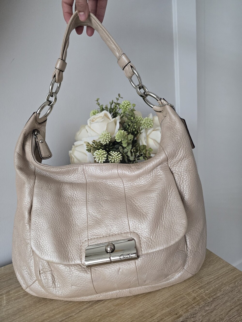 Y2K Authentic Coach Kristin Pearl Metallic Champagne Leather Hobo handBag 16808